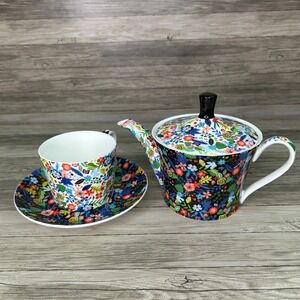 Stechcol Gracie Bone China Mad Hatter Whimsical Tea Set Cup Plate Floral Cottage